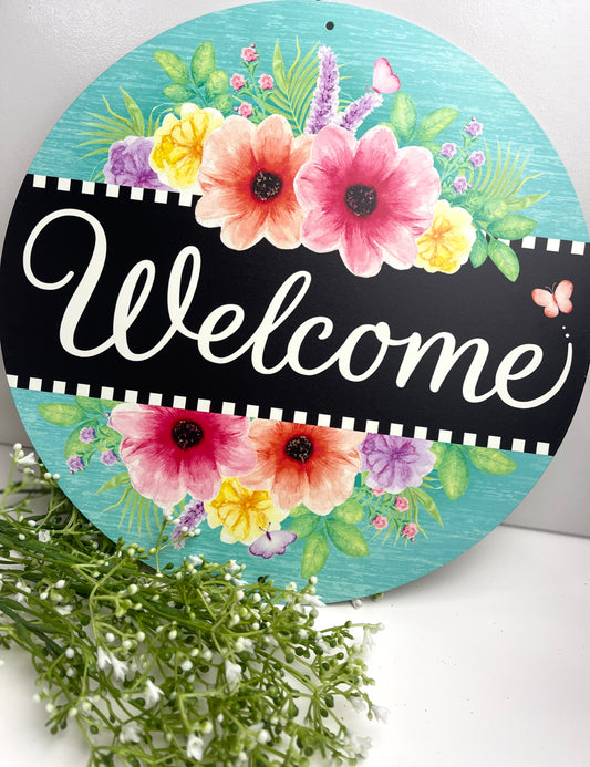12 Inch Welcome With Flowers Metal Sign