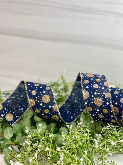 2.5 Inch By 10 Yard Navy Background With Gold And White Polka Dot Ribbon
