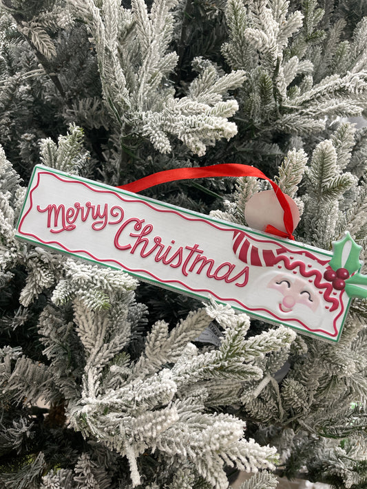 Kringles Merry Christmas Santa Rectangle Ornament With Ribbon Hanger