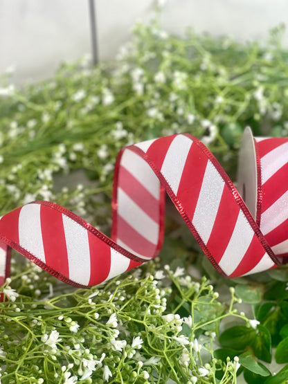 1.5 Inch By 10 Yard Red And White Glitter Striped Ribbon