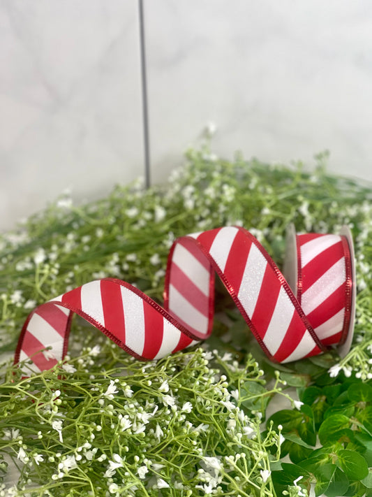 1.5 Inch By 10 Yard Red And White Glitter Striped Ribbon