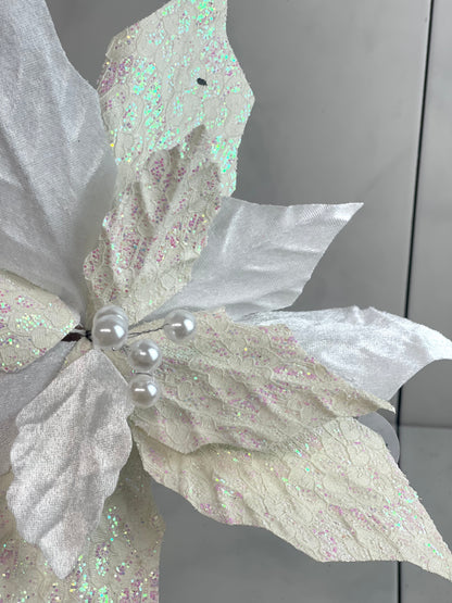 White Velvet Glitter Patterned Poinsettia Spray