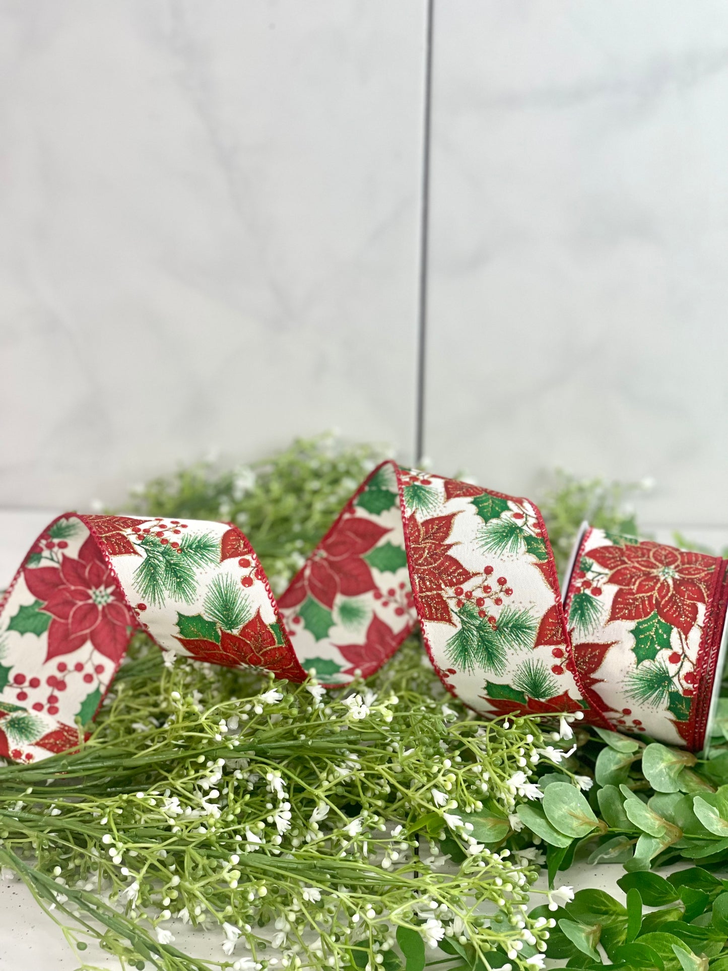 2.5 Inch By 10 Yard Glitter Poinsettia And Holly Ribbon