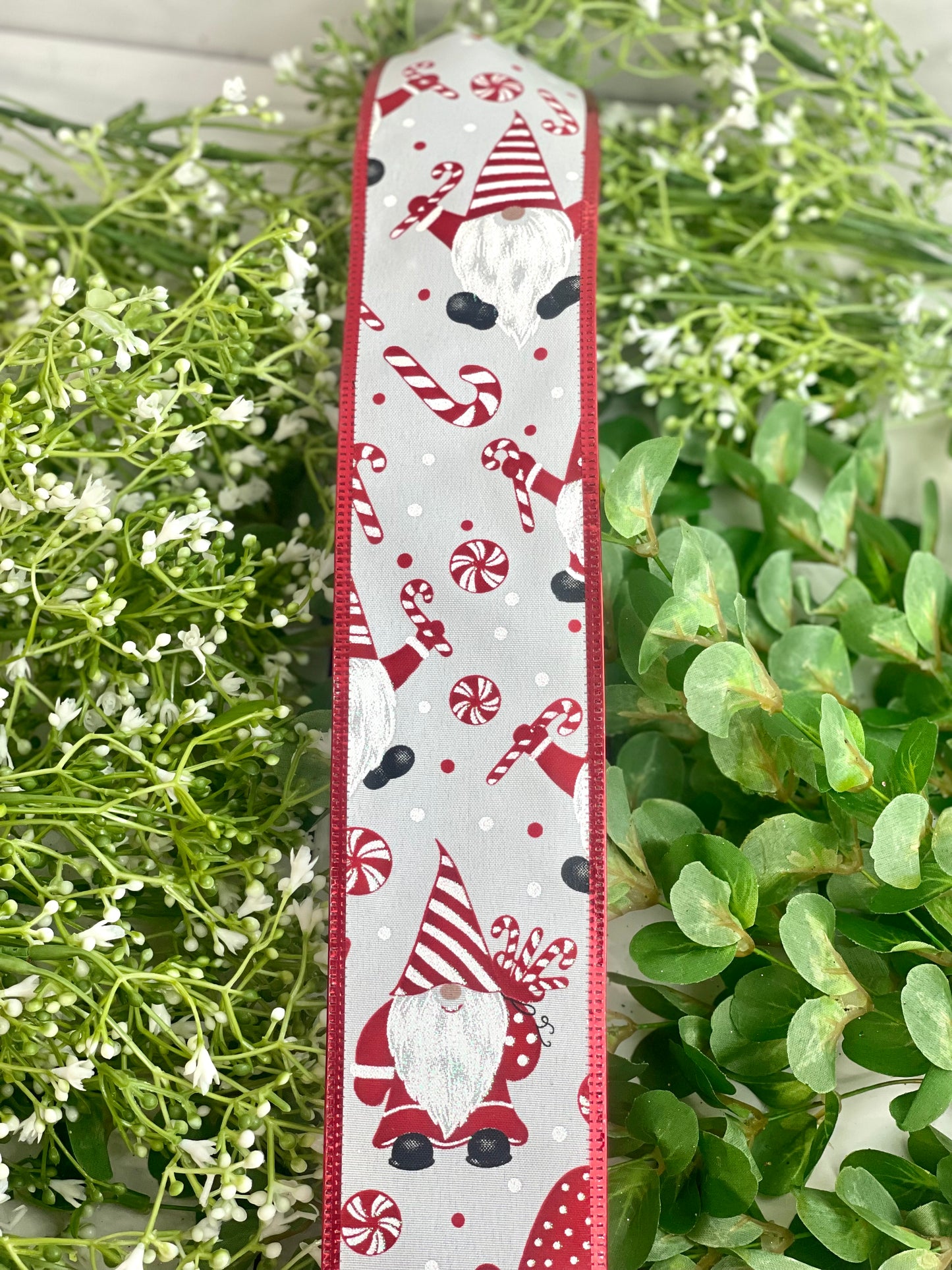 2.5 Inch Ribbon With White Background With Gnomes With Candy Canes