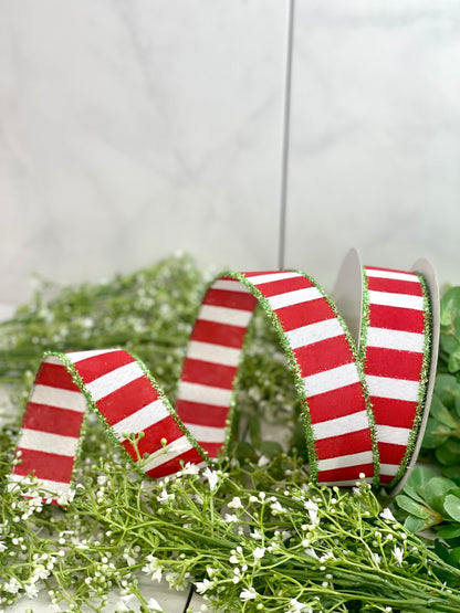 1.5 Inch Ribbon Red And White Stripe With Green Tinsel Edge