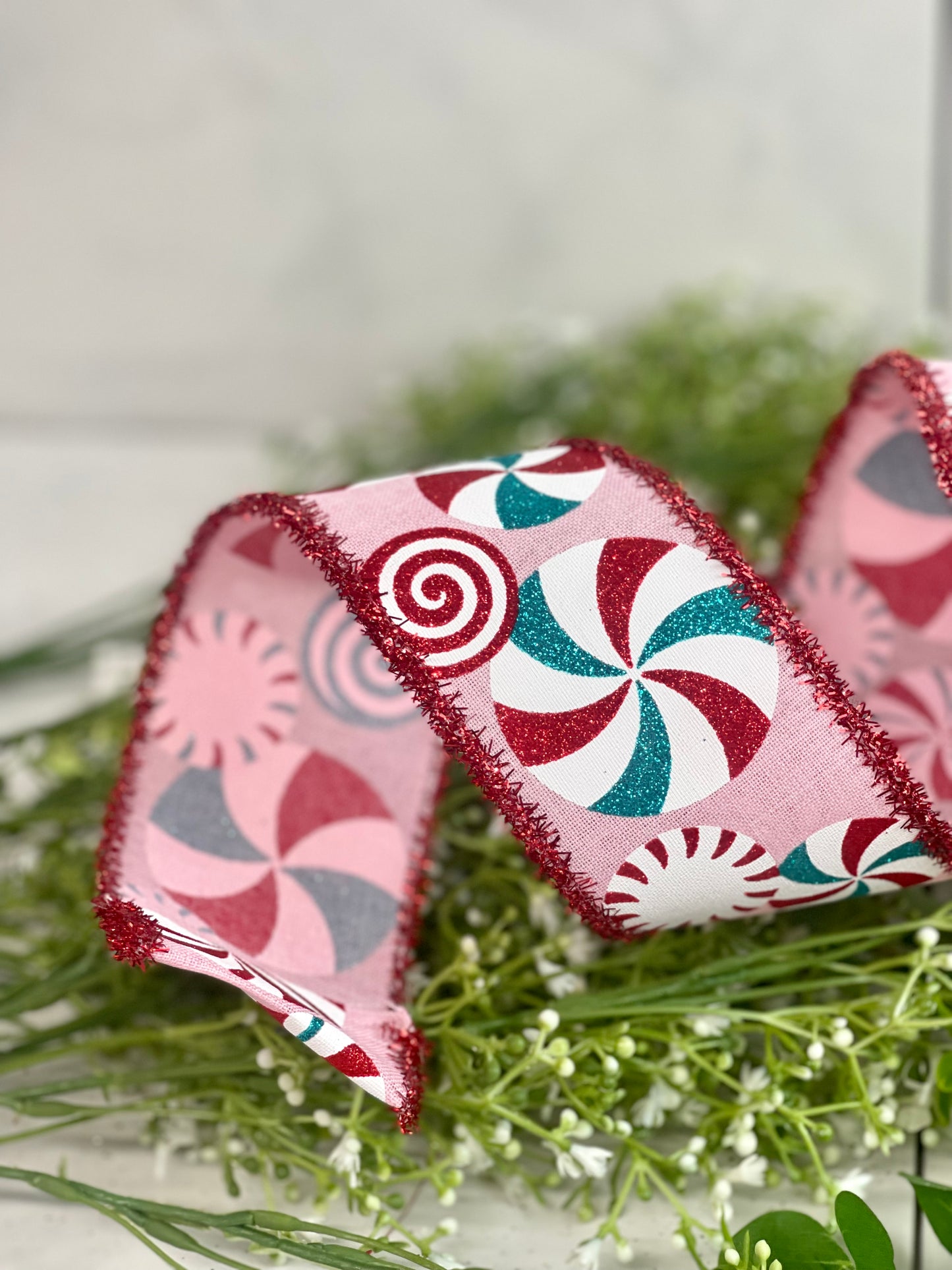 2.5 Inch By 10 Yard Red Blue And Pink Bold Peppermint Ribbon With Tinsel