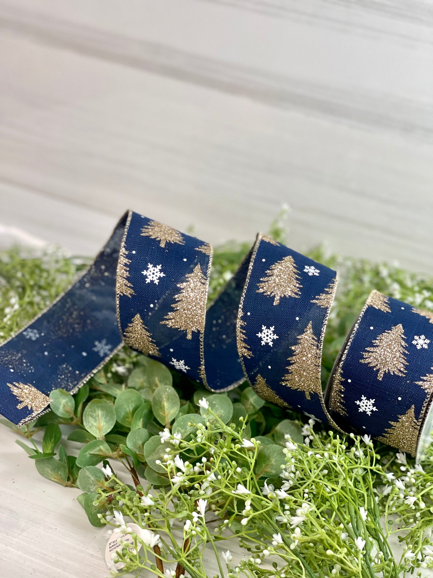 2.5 Inch By 10 Yard Navy Background With Champagne Christmas Tree Ribbon