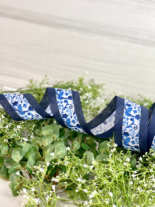 2.5 Inch By 10 Yard Watercolor With Navy Sides Ribbon