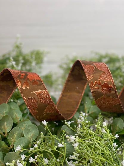 1.5 Inch By 10 Yard Brown Background With Copper Metallic Leaves Ribbon