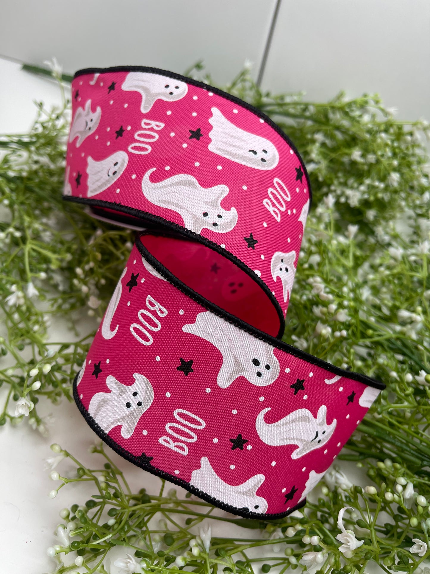 2.5 Inch By 10 Yard Pink Ghost And Boo Ribbon