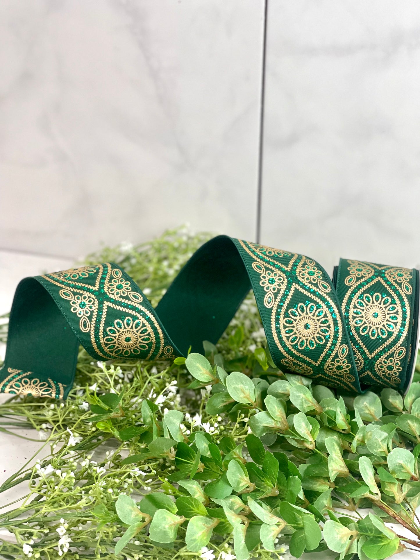 2.5 Inch By 10 Yard Green And Gold Deluxe Wavy Floral Ribbon