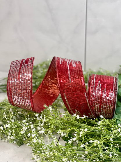 2.5 Inch By 10 Yards Wired Waterfall Red and Silver Sequined Ribbon