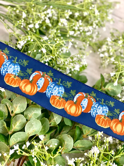 2.5 Inch By 10 Yard Navy Blue Background With Japanese Blue Flower Design Pumpkin Ribbon