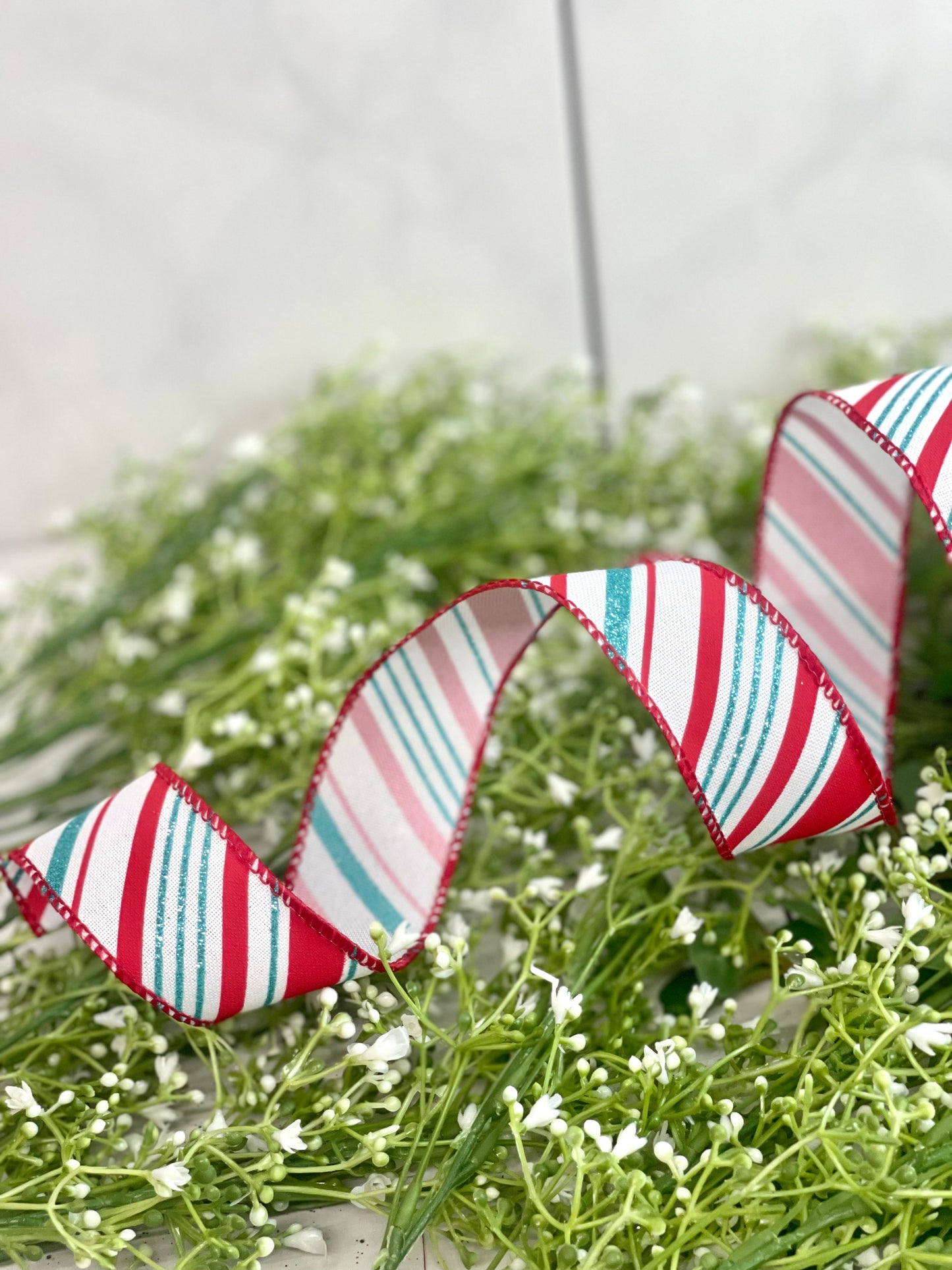 1.5 Inch By 10 Yard Ice Blue And Red Peppermint Stripe Ribbon