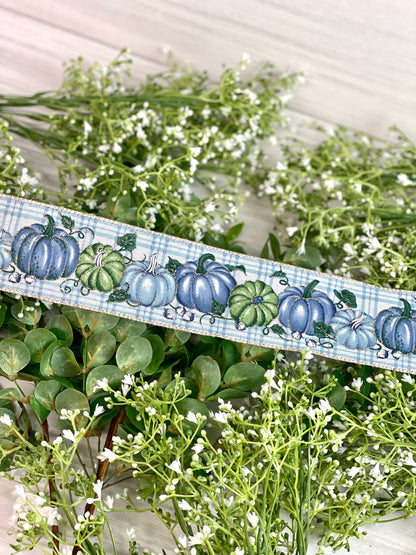 2.5 Inch By 10 Yard Blue Gingham With Blue And Sage Pumpkin Scene Ribbon