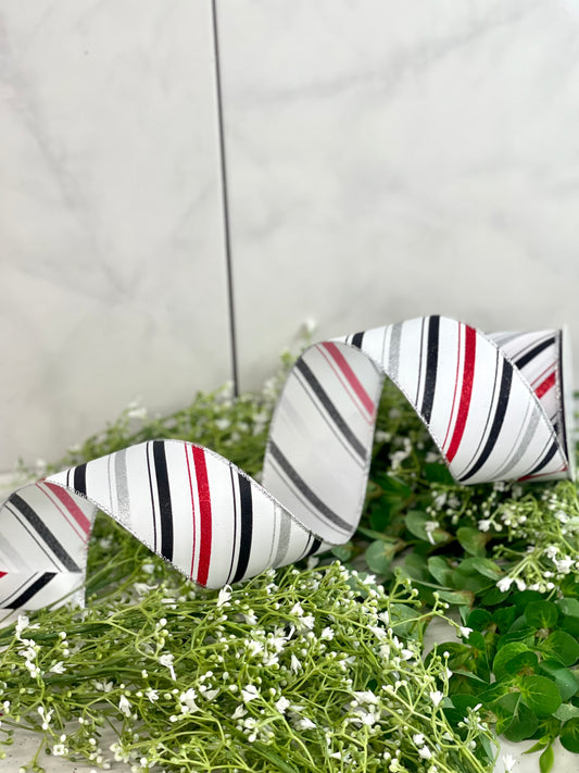 2.5 Inch By 10 Yard Black, Red, And Silver Striped Ribbon