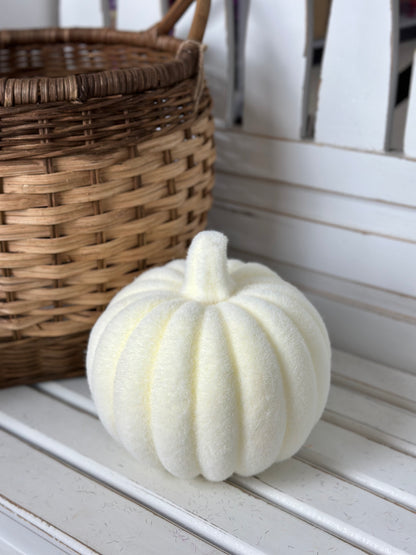 Flocked Pumpkin With Stem Six Neutral Colors 8 Inch