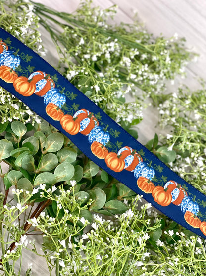 2.5 Inch By 10 Yard Navy Blue Background With Japanese Blue Flower Design Pumpkin Ribbon