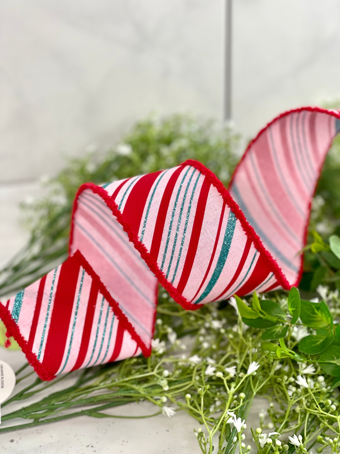 2.5 Inch By 10 Yard Ice Blue Pink And Red Peppermint Stripe With Drift Ribbon