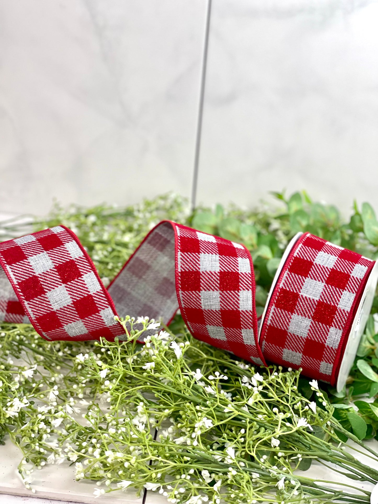 2.5 Inch By 10 Yards Red And Gray Checkered Ribbon