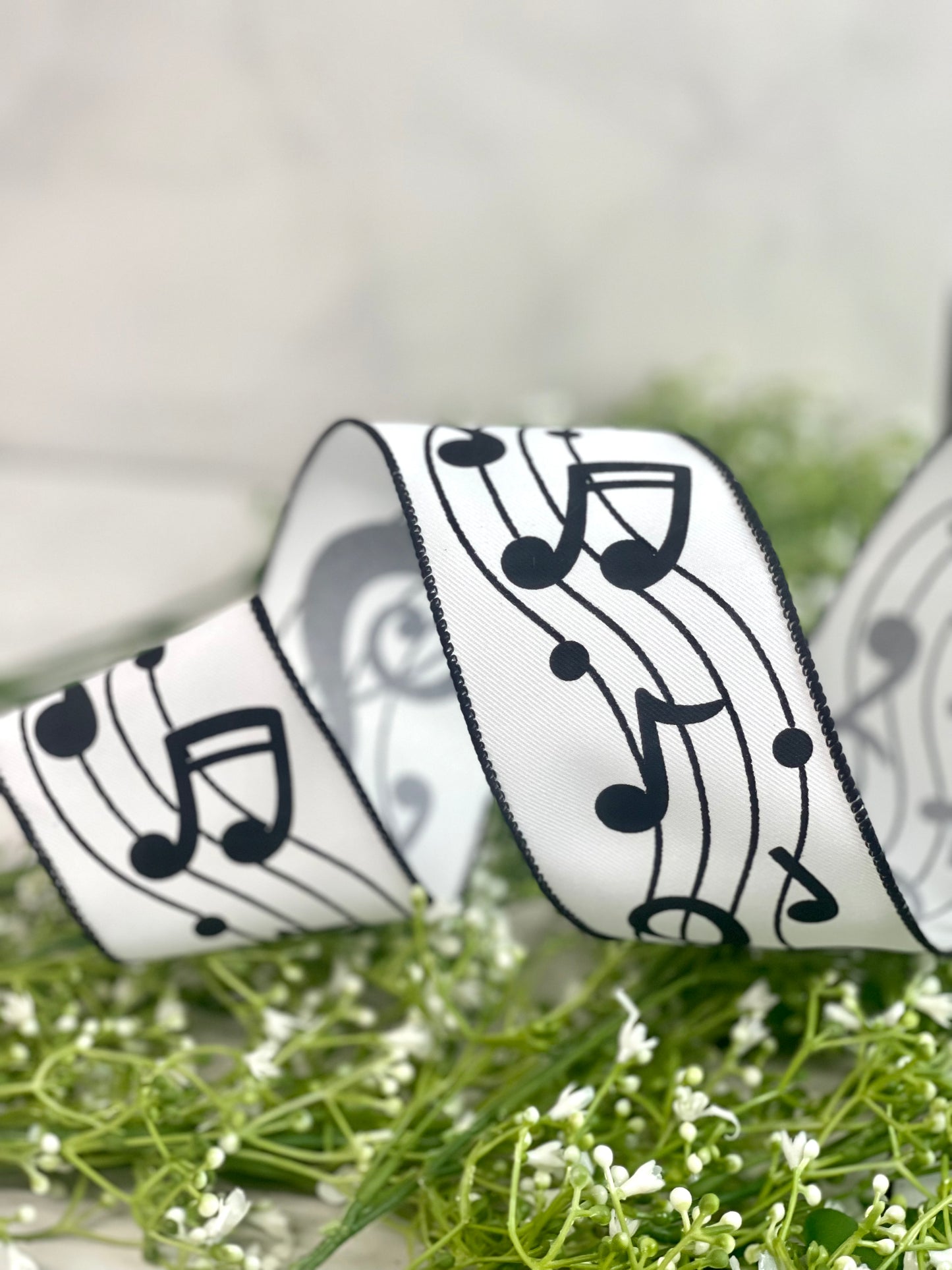 2.5 Inch By 10 Yard White And Black Bold Music Notes Ribbon