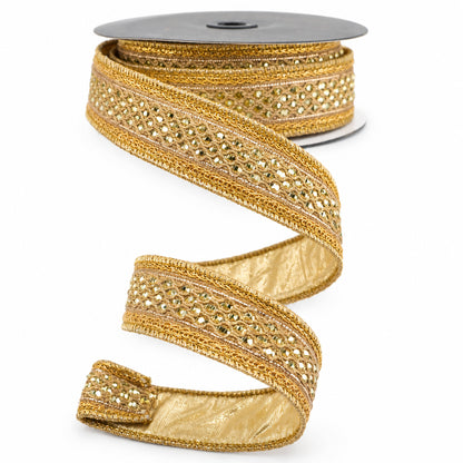 John Mark 1 Inch By 10 Yard Gold Jeweled Metallic Dupioni Ribbon