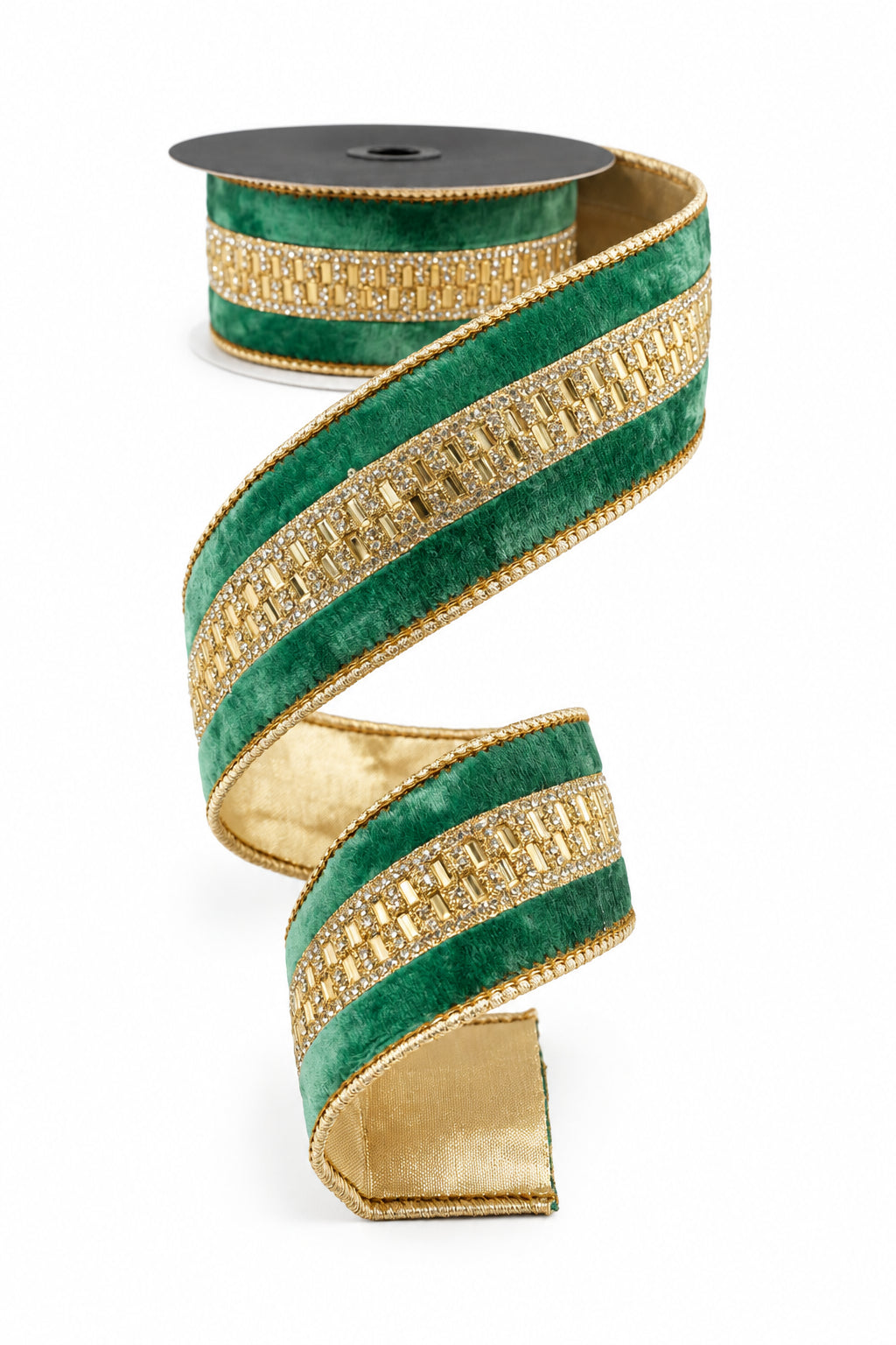 John Mark 1.5 Inch By 5 Yard Green Velvet Jeweled Center Fused Backing Ribbon