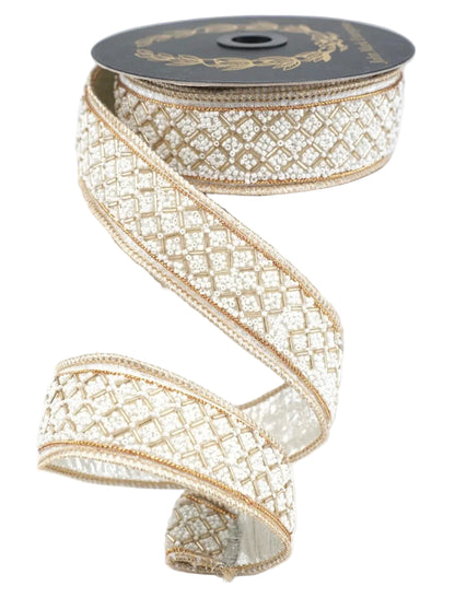 John Mark Enterprises 1.5 Inch By 5 Yard Ivory And Gold Beaded Trim Metallic Ribbon
