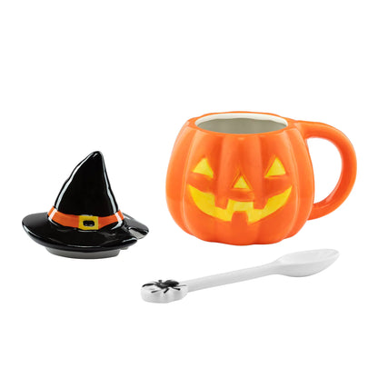 Mr. Halloween Set Of Two Ceramic Jack O Lantern Mugs With Spoons And Lids
