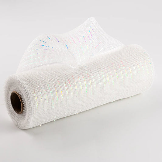 10 Inch By 10 Yard White With White Iridescent Foil Metallic Mesh
