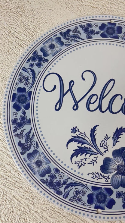 8 Inch Welcome Blue And White Metal Sign