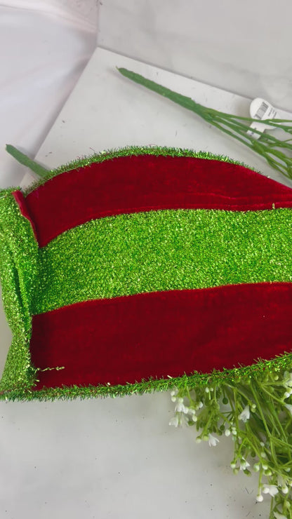 6 Inch By 10 Yard Red Velvet Ribbon With Green Tinsel Center