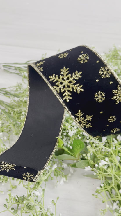 2.5 Inch By 10 Yard Black Background With Gold Snowflakes Ribbon