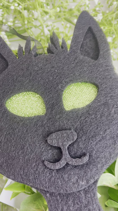 Black Felt Glitter Cat With Green Glitter Eyes