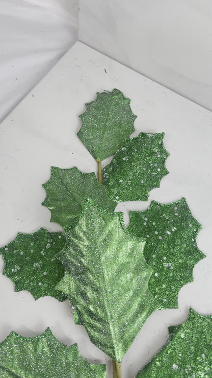 Winter Glam Holly Green Leaf Spray