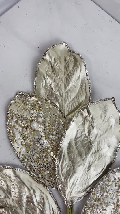 Mixed Sequin And Pearl Champagne Metallic Leaf Spray