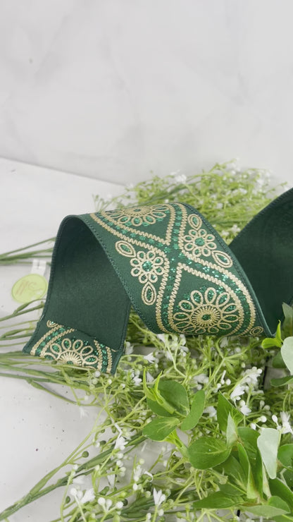 2.5 Inch By 10 Yard Green And Gold Deluxe Wavy Floral Ribbon