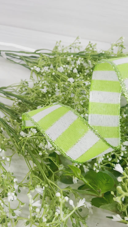1.5 Inch By 10 Yard Lime Green And White Striped Tinsel Ribbon