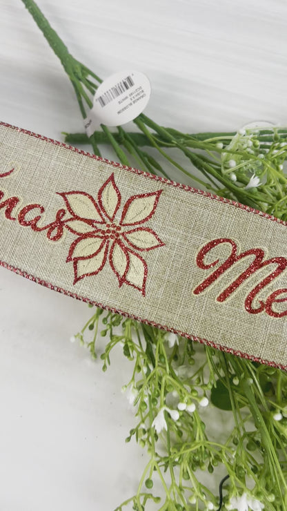 2.5 Inch By 10 Yard Merry Christmas On Natural Background Ribbon