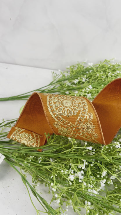2.5 Inch By 10 Yard Autumn And Gold Deluxe Wavy Floral Ribbon