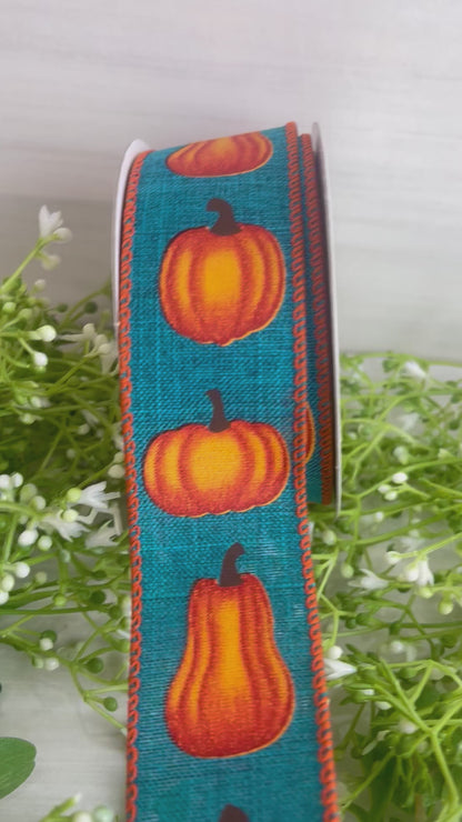 1.5 Inch By 10 Yard Teal Linen With Orange Pumpkins Ribbon