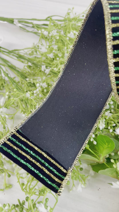 2.5 Inch By 10 Yard Black Velvet With Green And Gold Striped Ribbon
