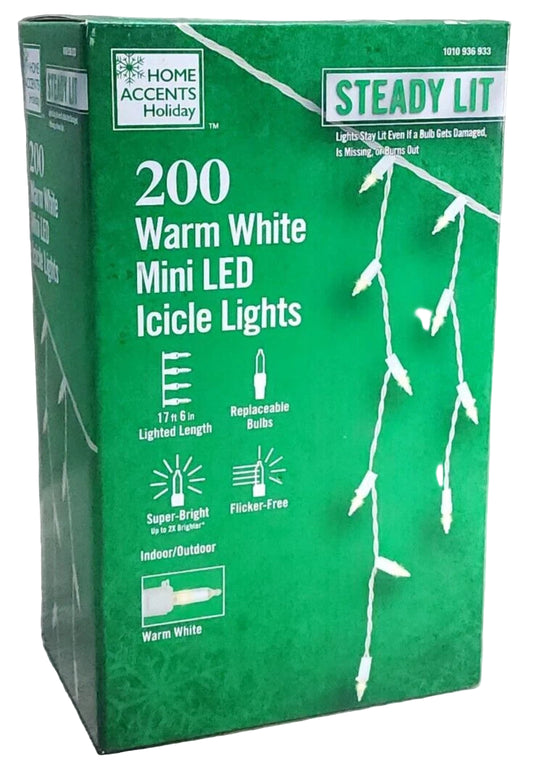 200 Count Warm White Steady Lit Mini LED Icicle Lights Open Box
