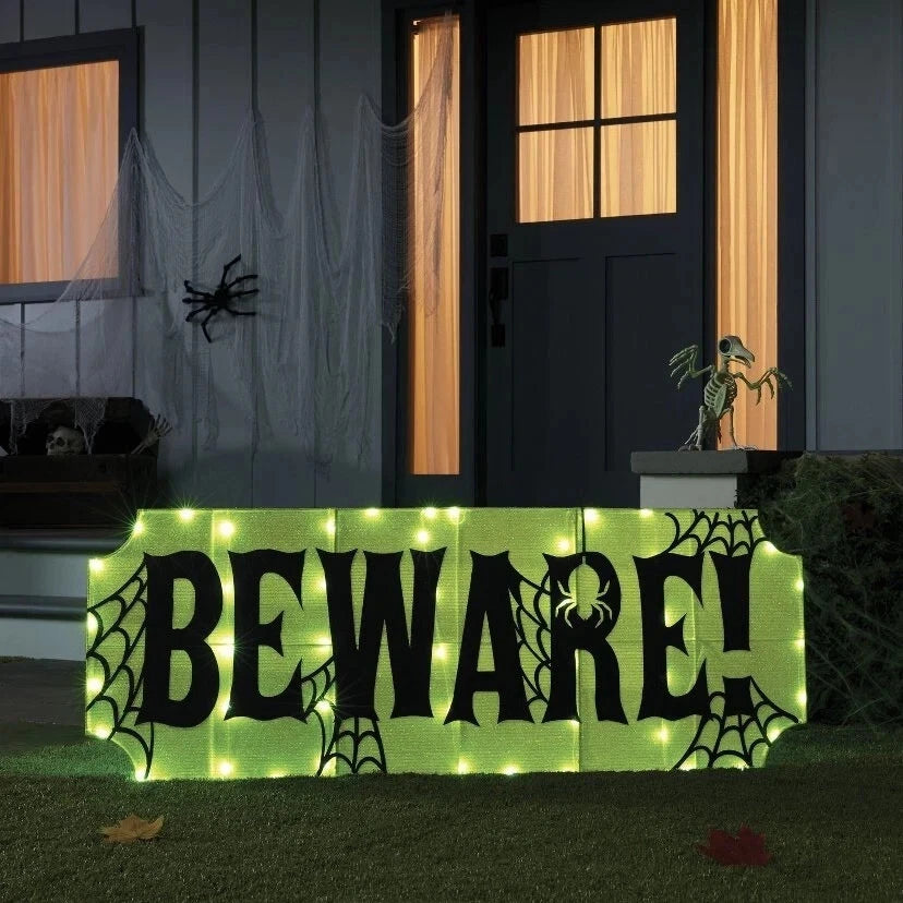 18 Inch Hyde & Eek! LED 'BEWARE!' Tinsel Halloween Sign