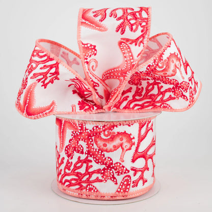 2.5 Inch By 10 Yard Coral Seahorse And Starfish Ribbon