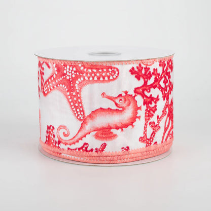2.5 Inch By 10 Yard Coral Seahorse And Starfish Ribbon