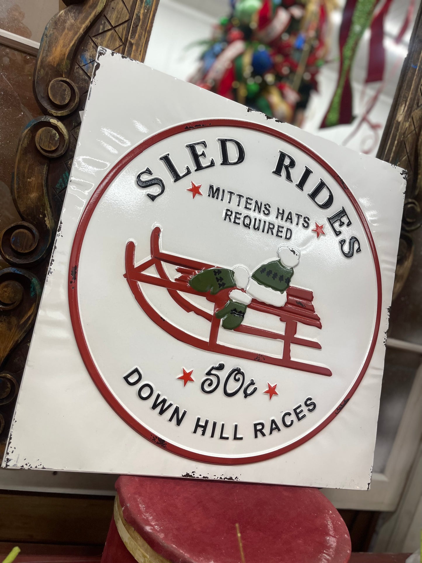 White Enamel Santa Sled Rides Sign