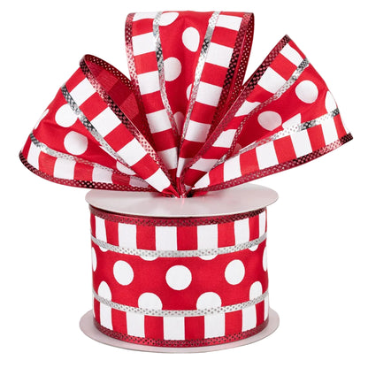 2.5 Inch By 10 Yard Red And White Polka Dot And Stripes Ribbon