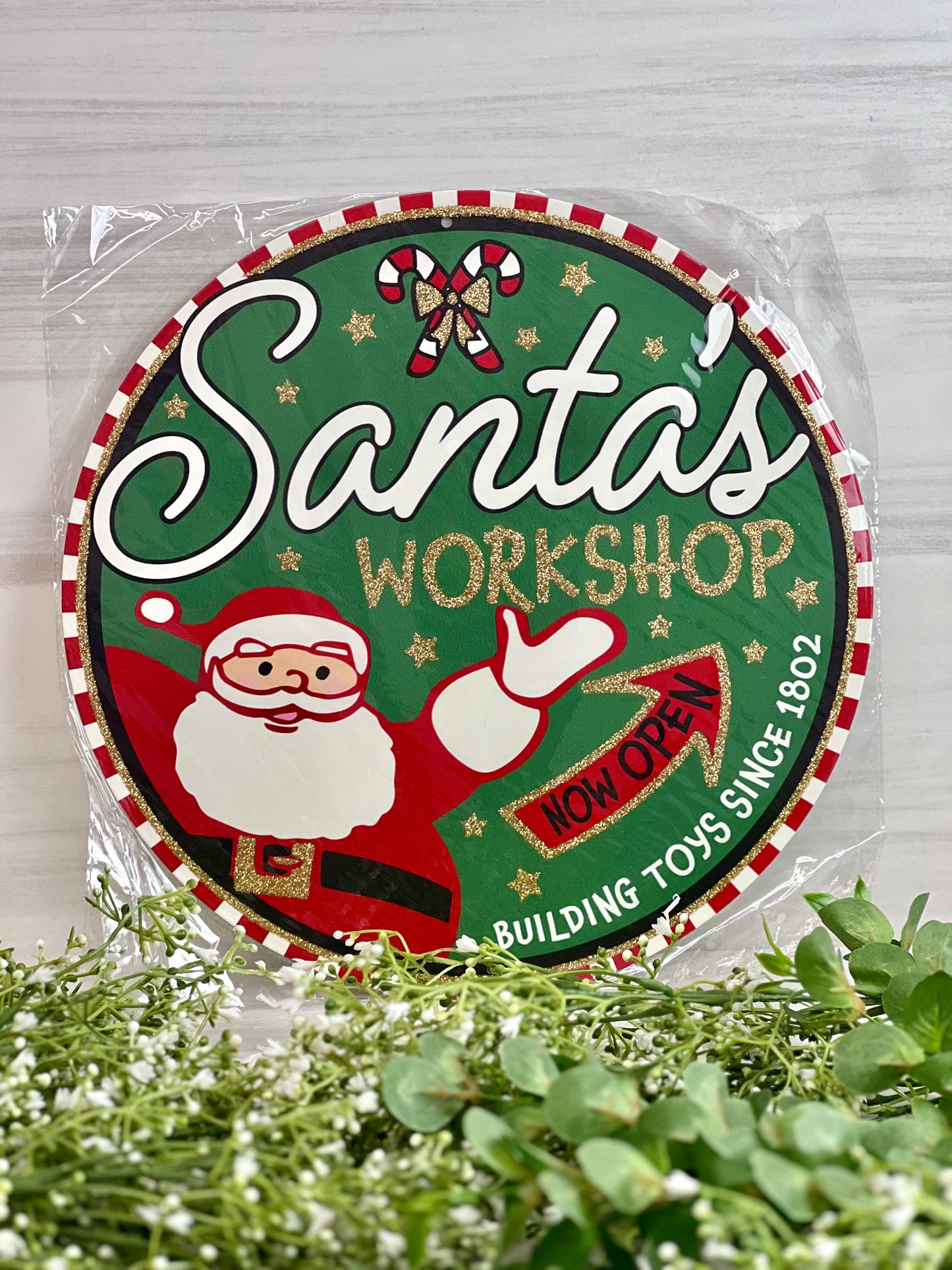 Metal Glittered Santa's Workshop Sign