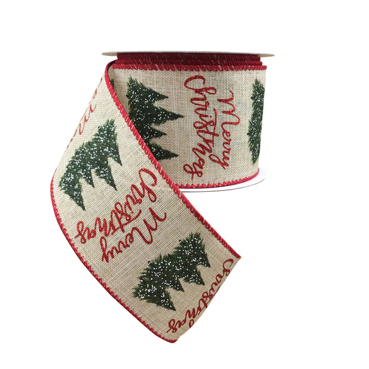 Natural Linen Ribbon With Merry Christmas